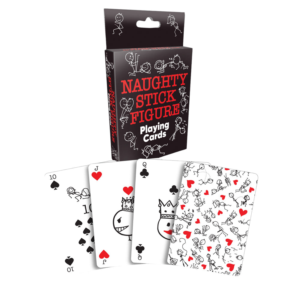Naughty Stick Figure playing cards with a deck box and four cards displayed.