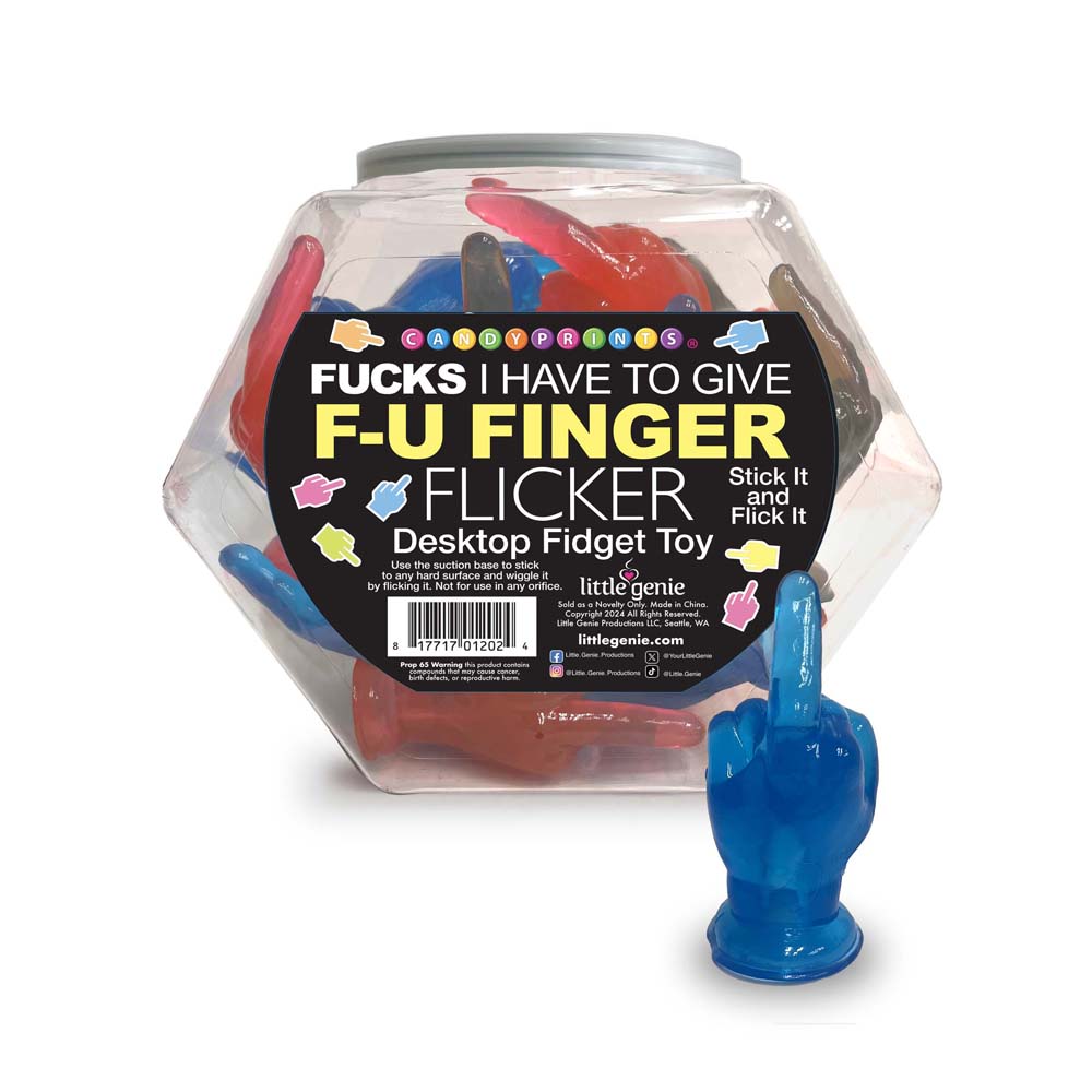 A jar of blue, red, and black middle finger fidget toys with a blue one in front.