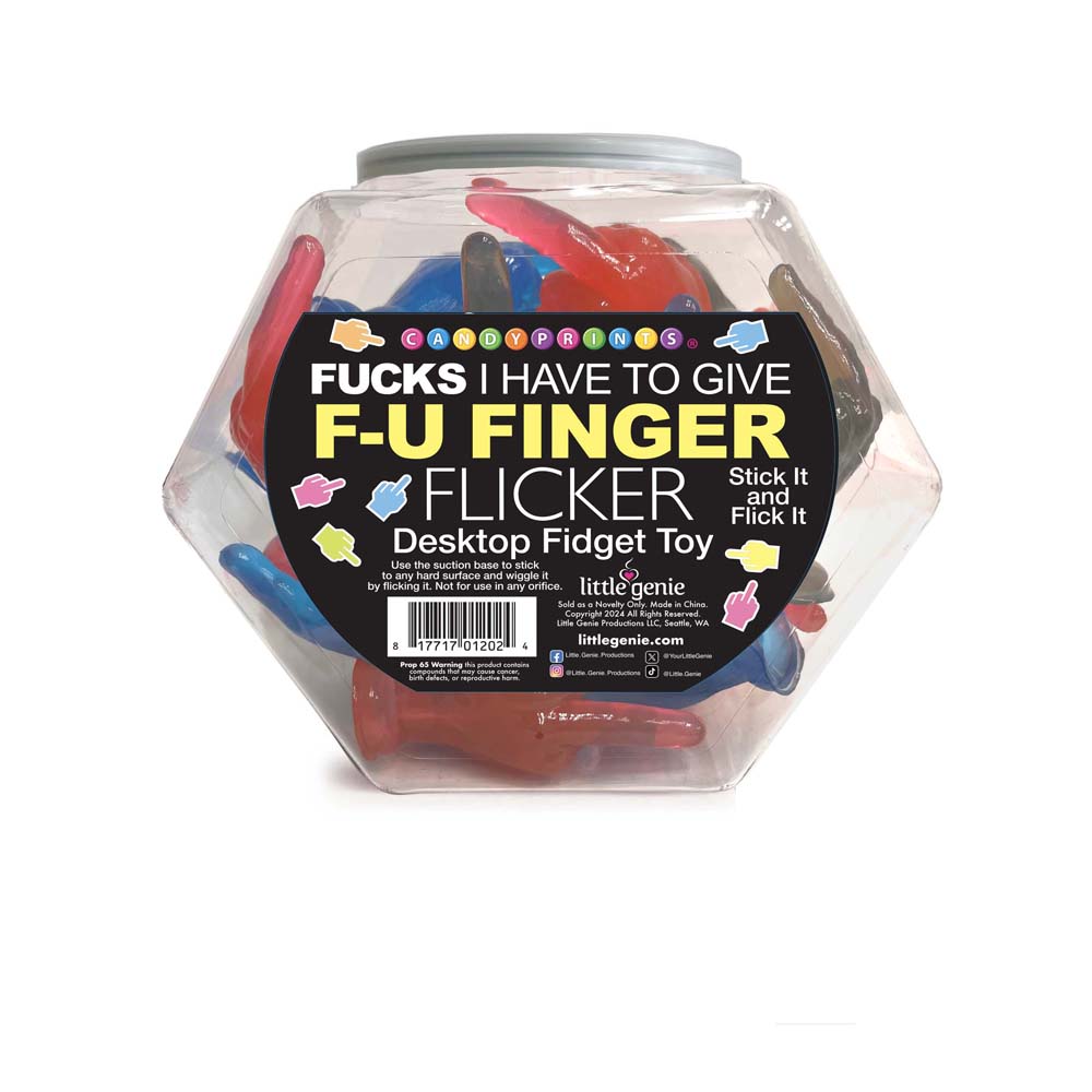 A jar of 24 finger-shaped fidget toys in red, blue, and black.