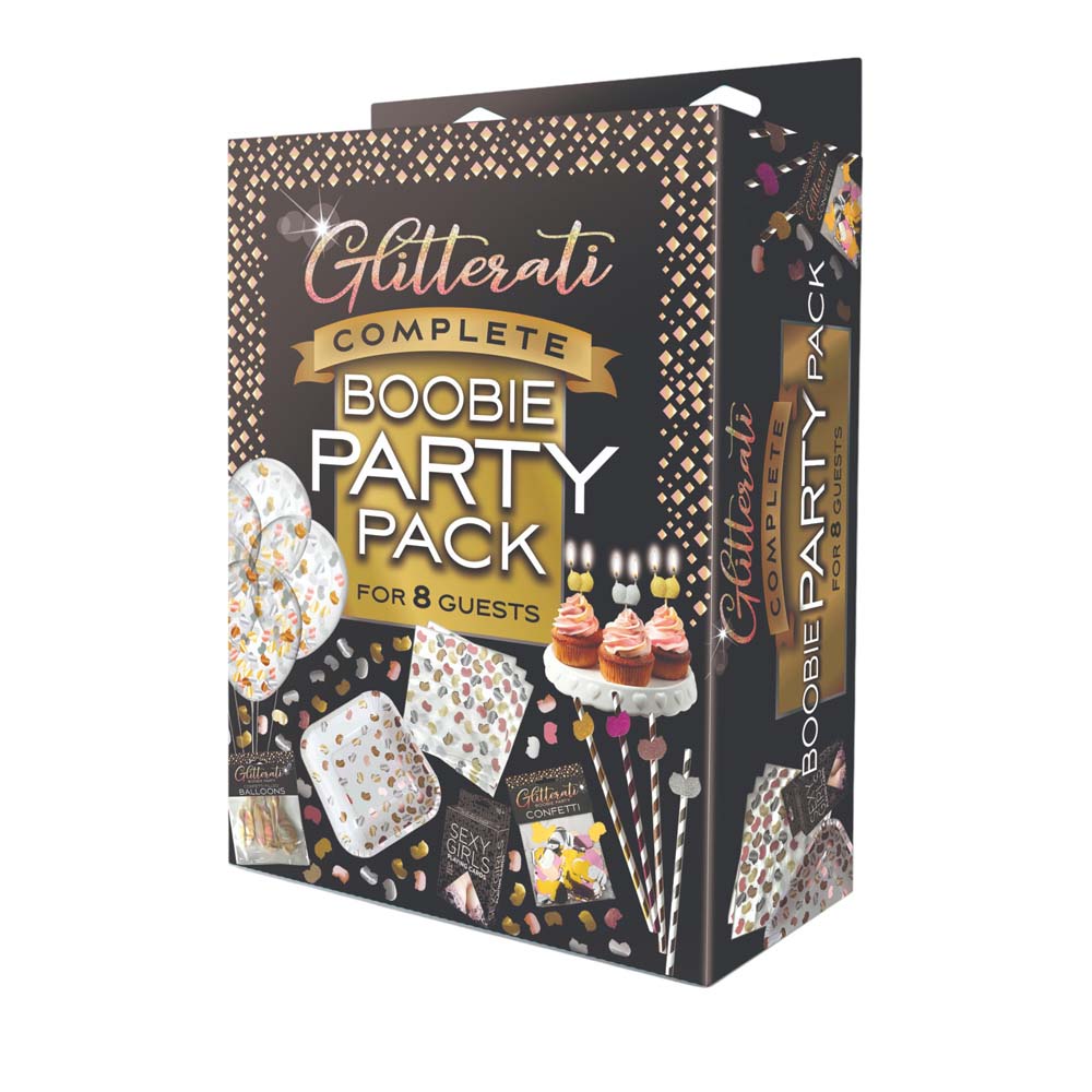 Glitterati Bachelorette Party Kit with confetti, balloons, candles, straws, plates, napkins, and cards.