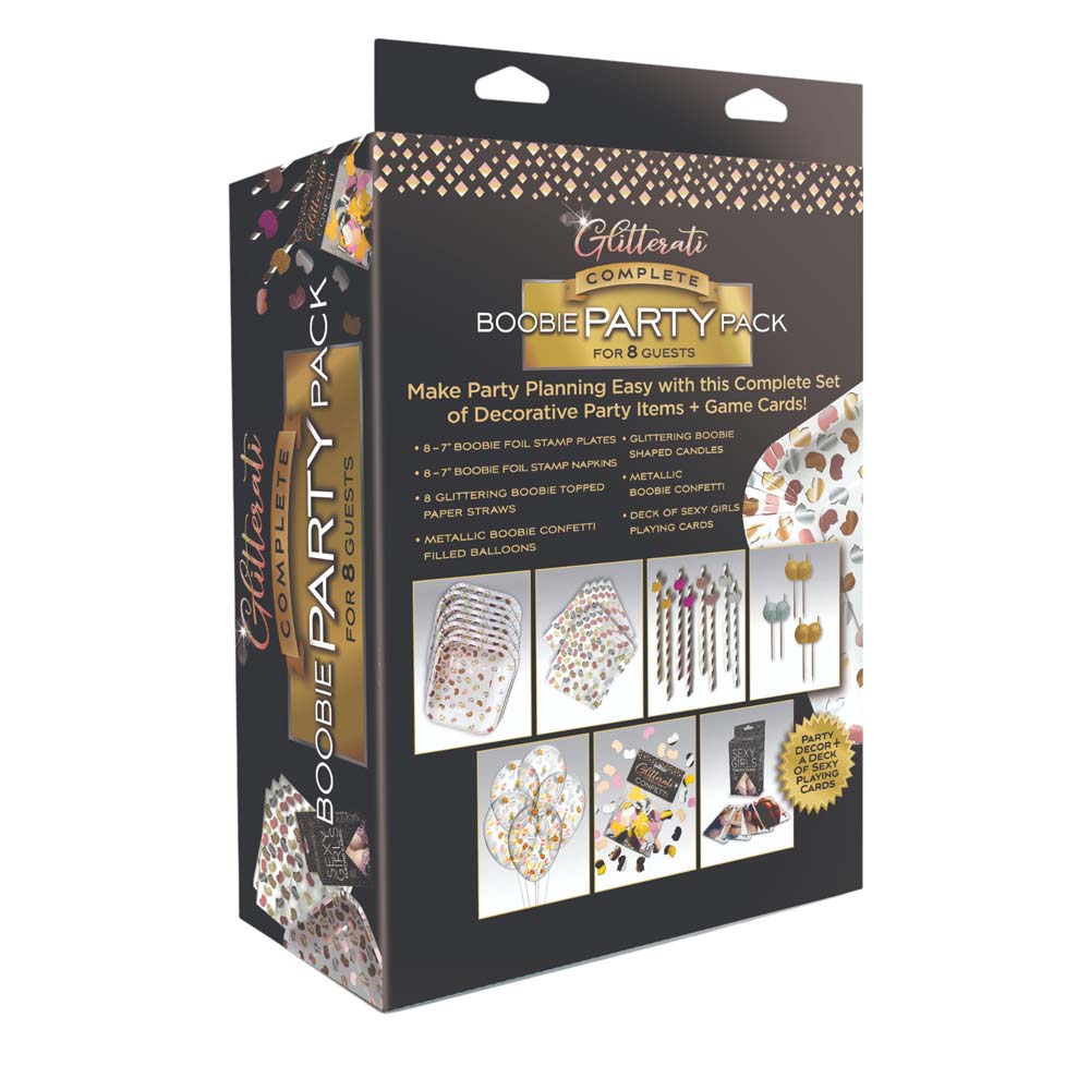 Glitterati Bachelorette Party Kit with confetti, plates, napkins, straws, balloons, candles, and playing cards.