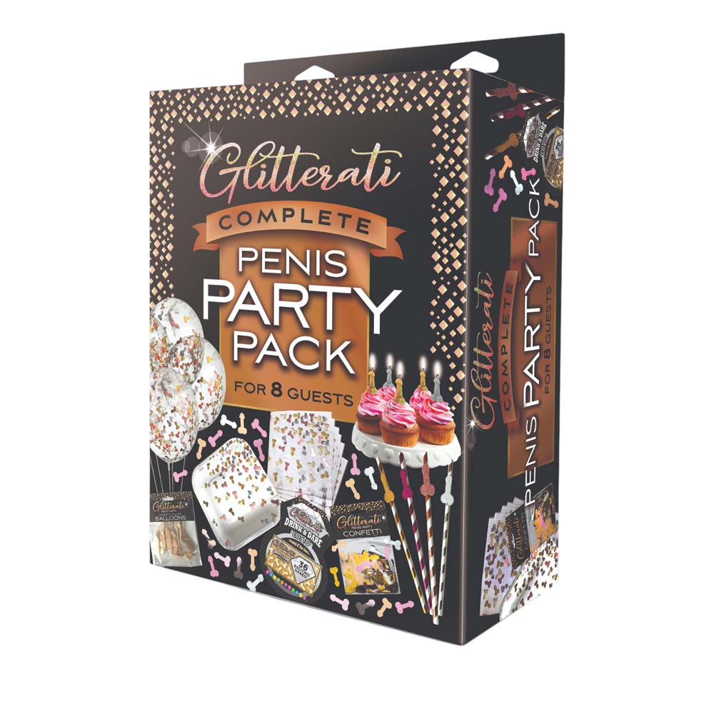 Glitterati Penis Party Pack for 8 guests with balloons, cupcakes, and party accessories.