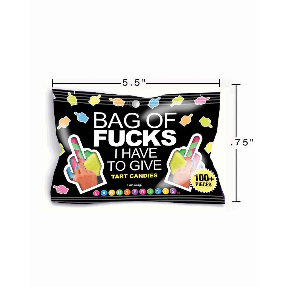 Bag of Fucks tart candies with middle finger graphics.