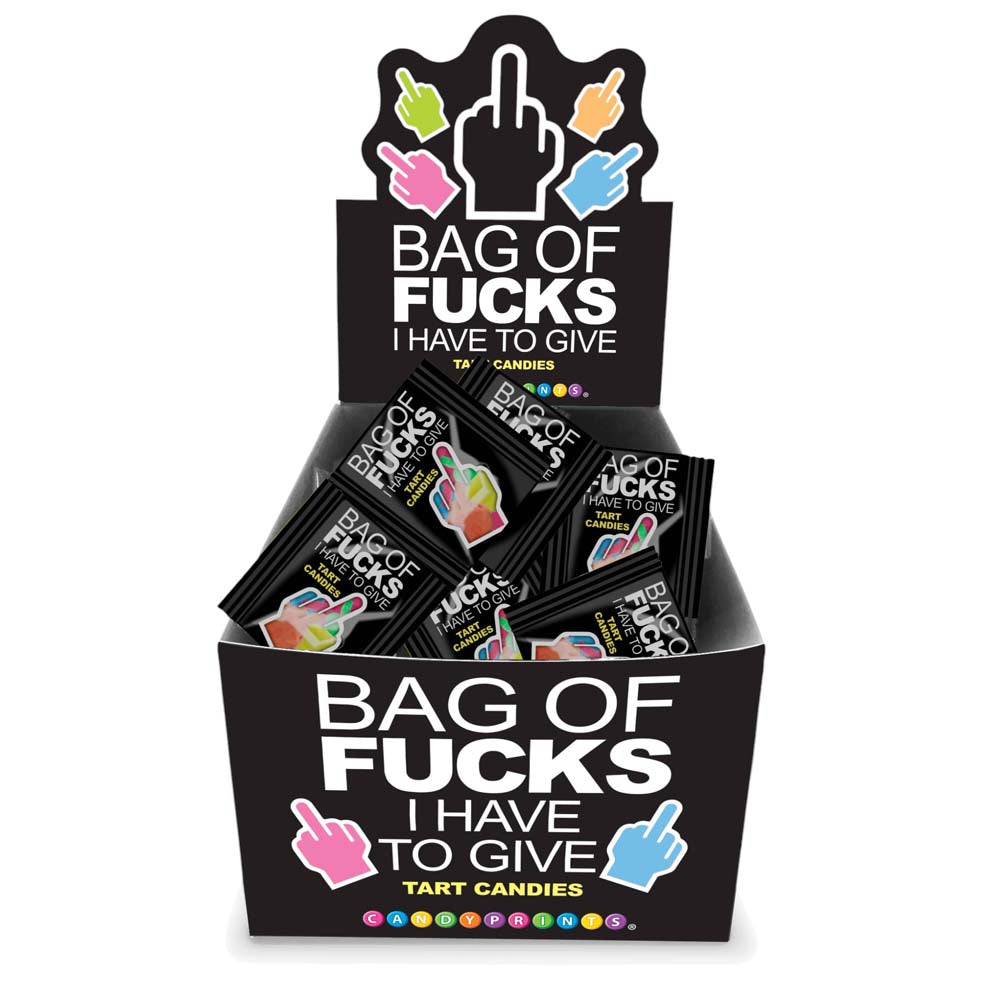 A display box of "Bag of Fucks I Have to Give" fruit flavored tart candies.