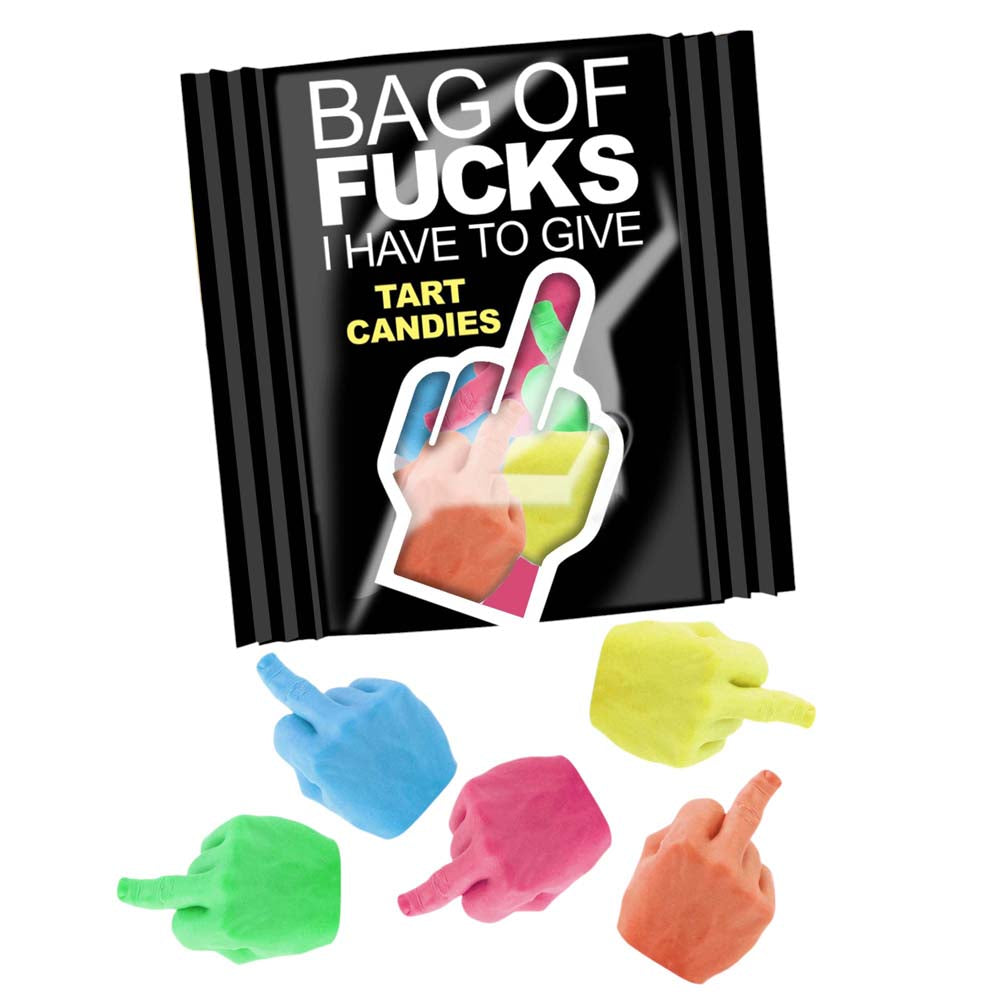 Bag of Fucks I Have to Give tart candies with novelty middle finger shaped candies.