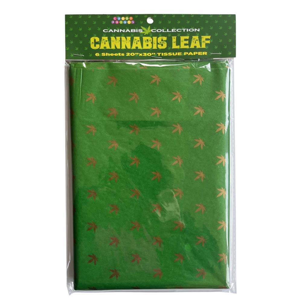 Green tissue paper with a repeating cannabis leaf pattern.