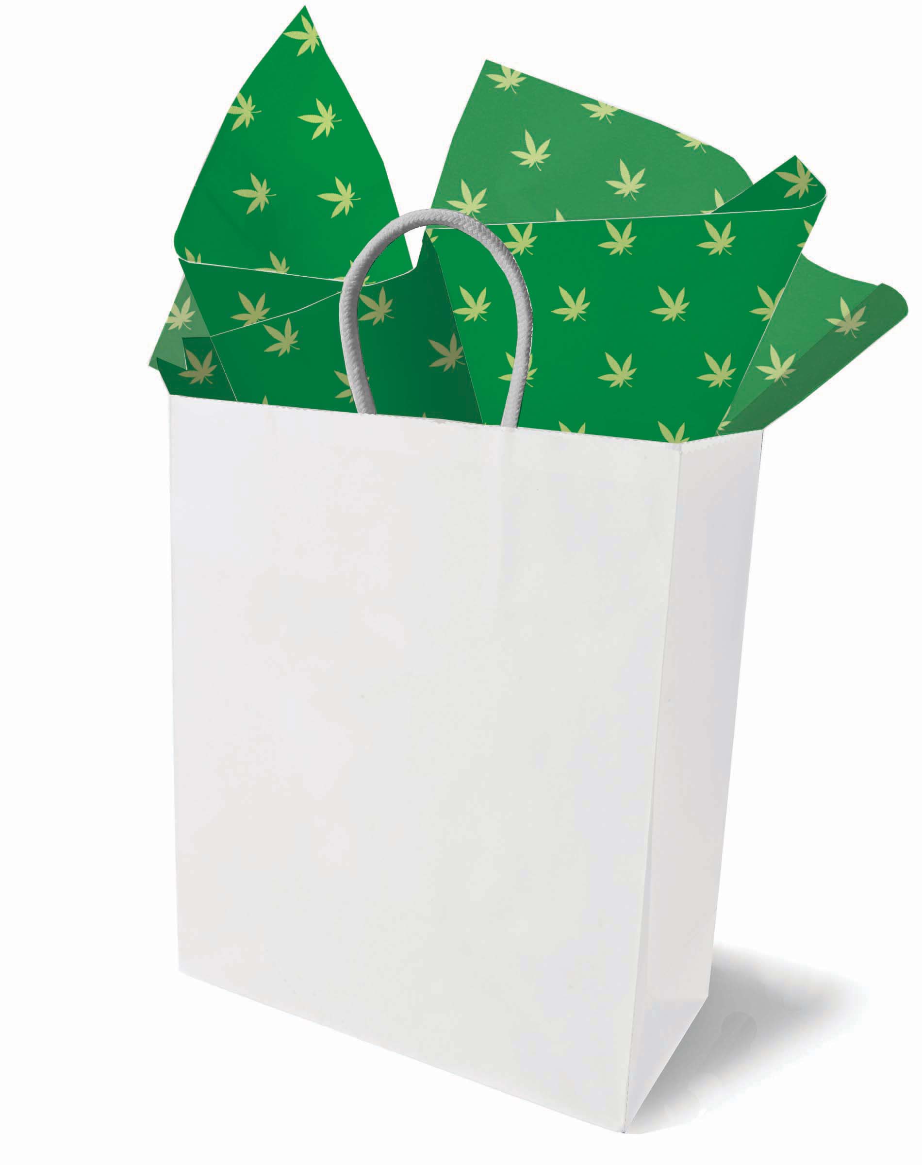 White gift bag with green tissue paper featuring cannabis leaf pattern.