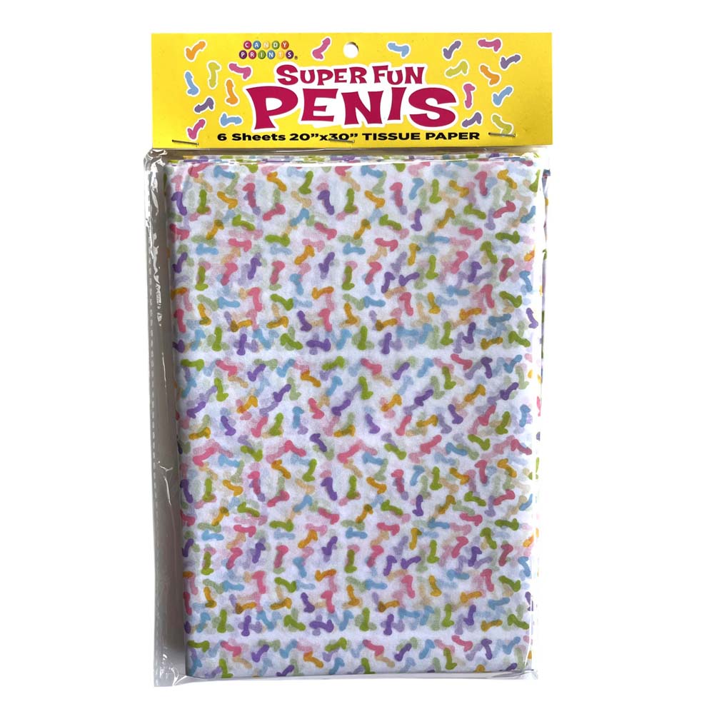 Colorful penis print tissue paper with "Super Fun Penis" text on yellow packaging.