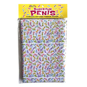 Colorful penis print tissue paper with "Super Fun Penis" text on yellow packaging.