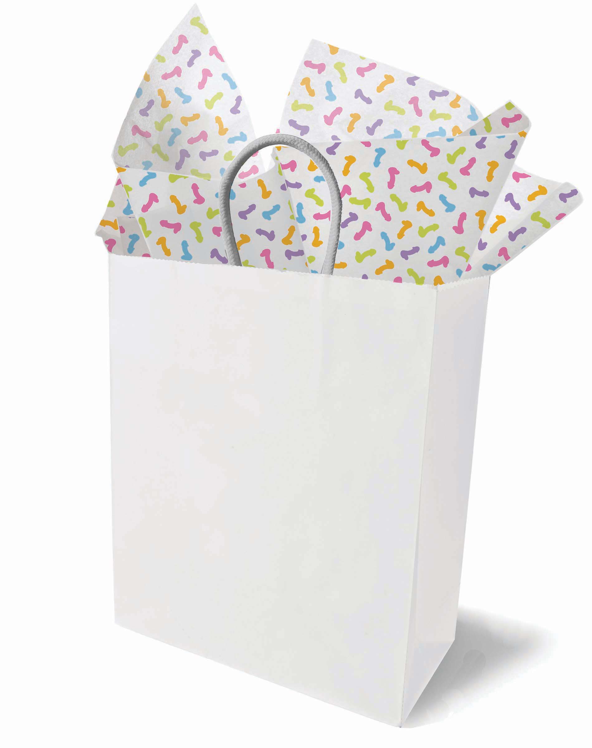 White gift bag with colorful penis-shaped tissue paper.