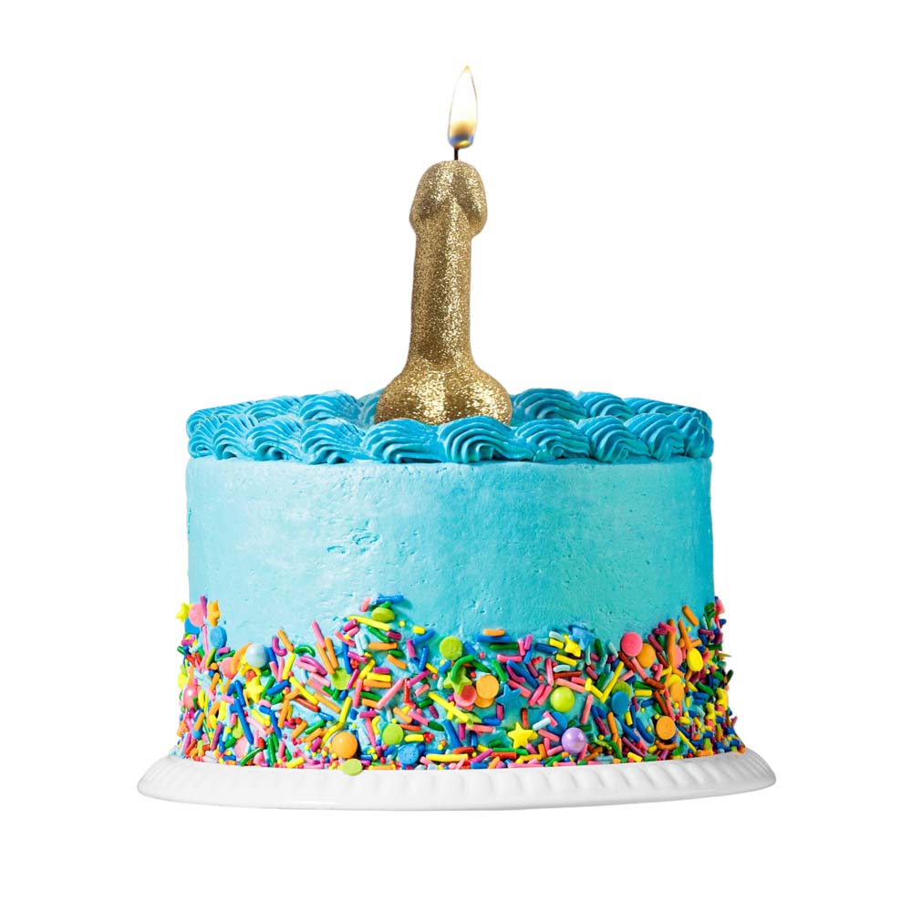 Gold glitter penis-shaped candle on a blue frosted cake with sprinkles.