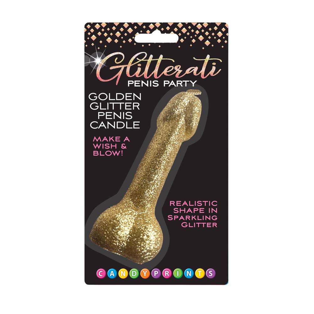 A gold glitter penis-shaped candle with "Glitterati Penis Party" text.