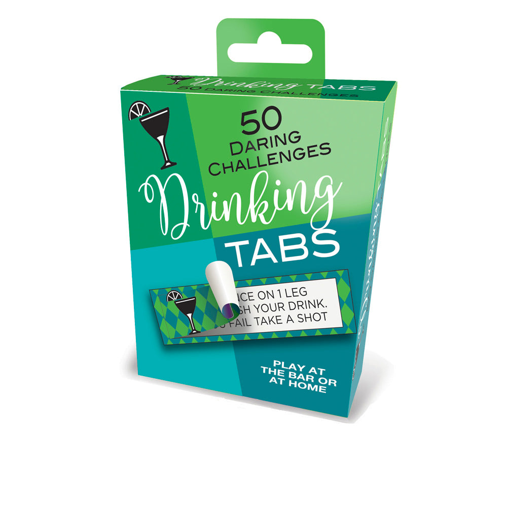 A box of "Drinking Tabs" party game with 50 pull-tab challenges.