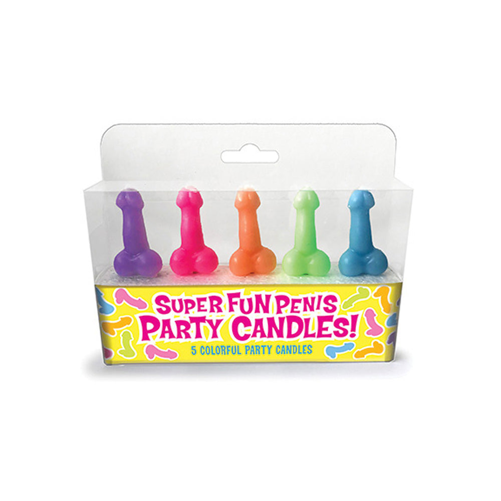 Five colorful penis-shaped candles in a clear plastic package.