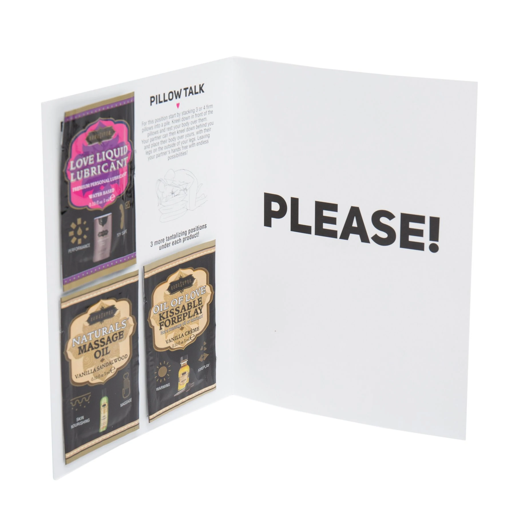 Kama Sutra romance kit with lube, massage oil, and foreplay oil packets.