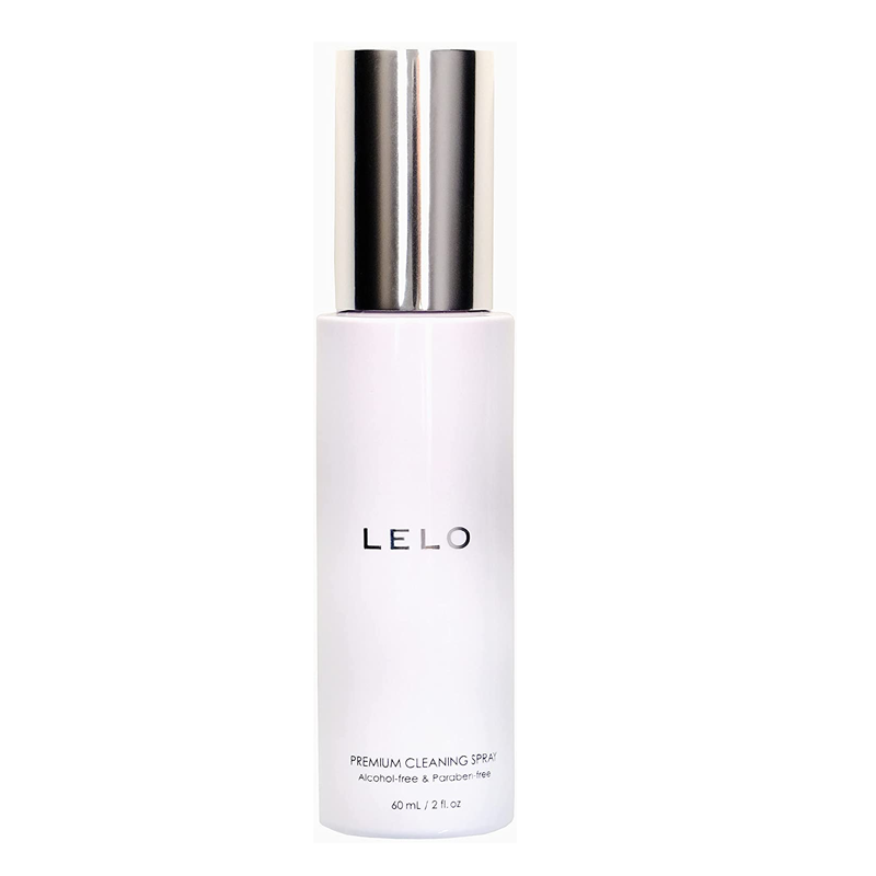 A white bottle of Lelo alcohol-free toy cleaning spray with a silver cap.