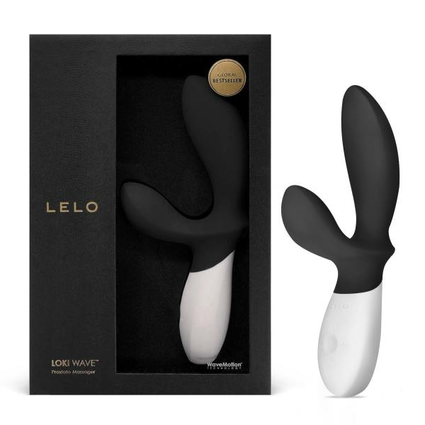 A black and white Lelo Loki Wave prostate massager in its box and next to it.