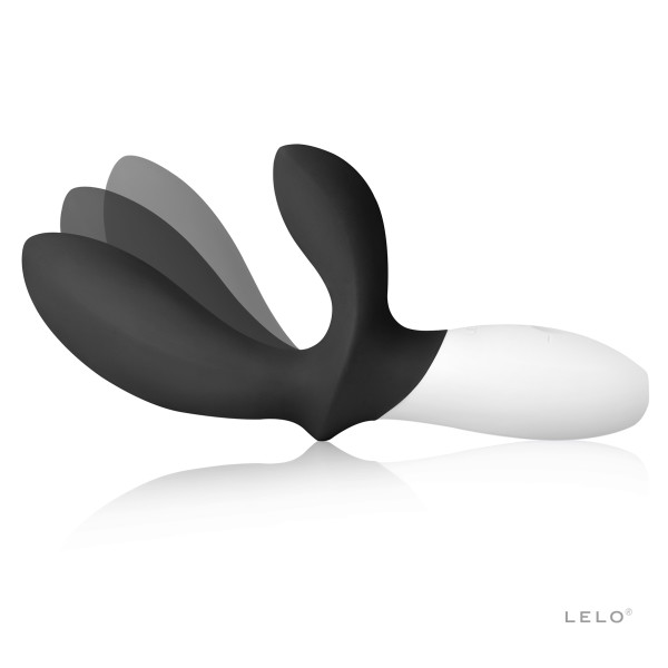 A black and white Lelo Loki Wave prostate massager with a curved design.