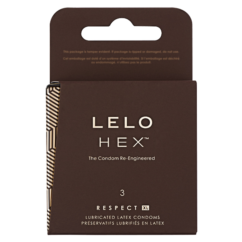 LELO HEX Respect XL condoms, 3 pack, extra thin and strong.