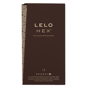 LELO HEX XL condoms, 12 pack, on a brown box with geometric pattern.