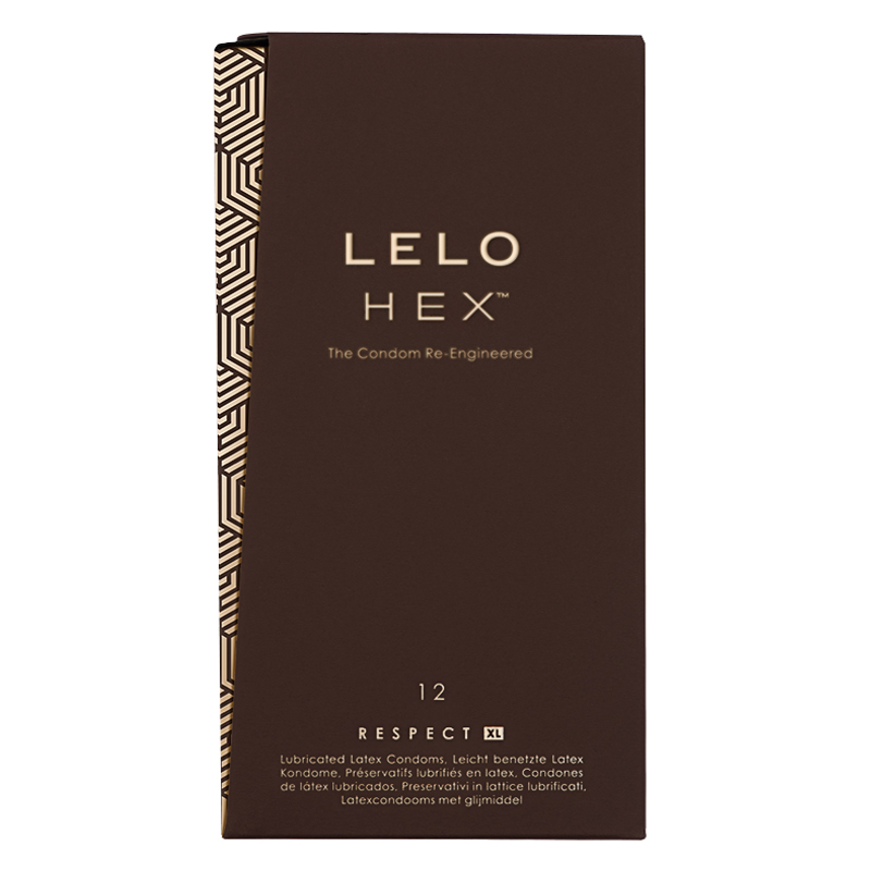 LELO HEX XL condoms, 12 pack, on a brown box with geometric pattern.