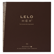 A box of 36 Lelo HEX XL condoms with a geometric pattern on the side.