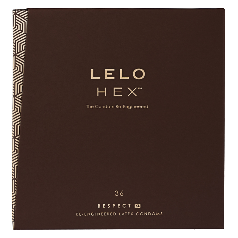 A box of 36 Lelo HEX XL condoms with a geometric pattern on the side.