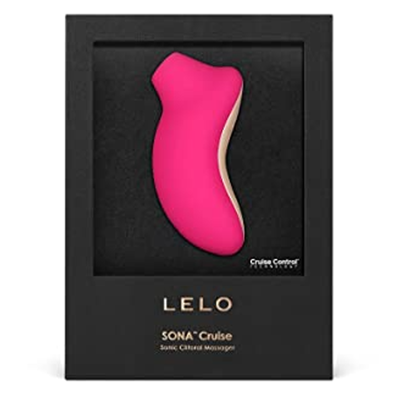 A pink LELO SONA Cruise sonic clitoral massager in its black packaging.