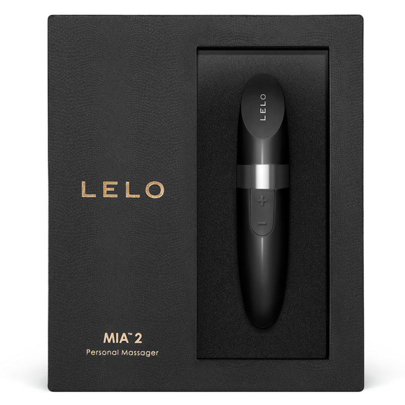 A black Lelo Mia 2 personal massager in a black textured box.
