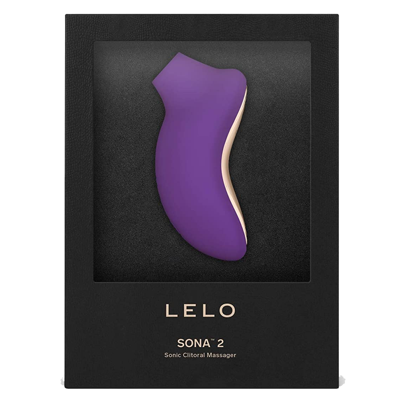 Purple Lelo SONA 2 sonic clitoral massager in black packaging.