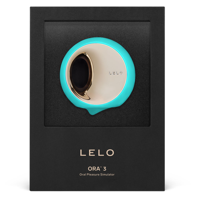 A teal and gold Lelo Ora 3 oral pleasure simulator in a black box.