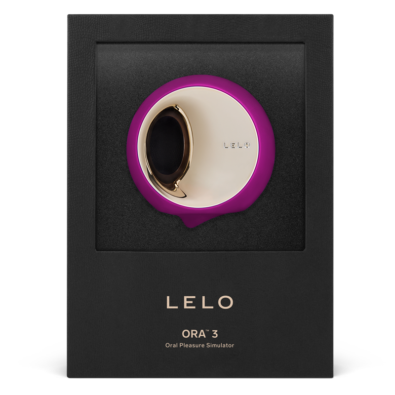 A purple and gold Lelo Ora 3 oral pleasure simulator in a black box.