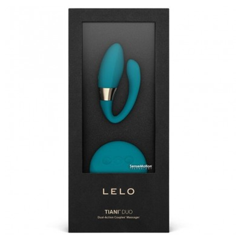 Tiani Duo couples massager in ocean blue, displayed in its black packaging.