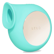 Aqua silicone clitoral massager with a gold-tone circular accent.