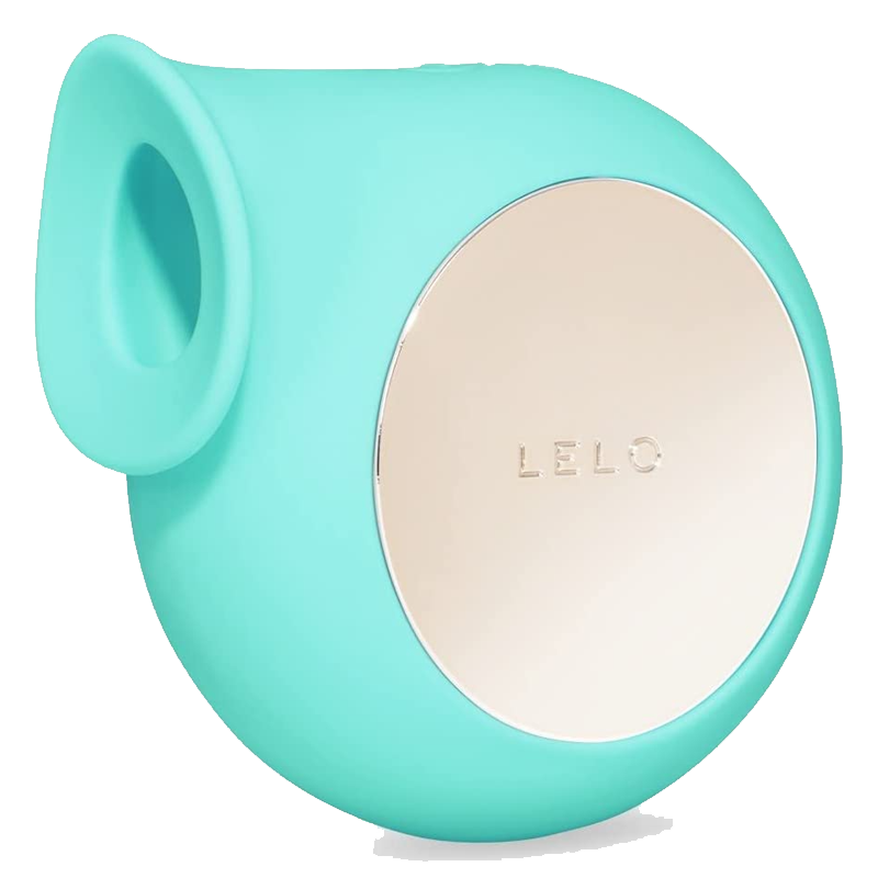 Aqua silicone clitoral massager with a gold-tone circular accent.