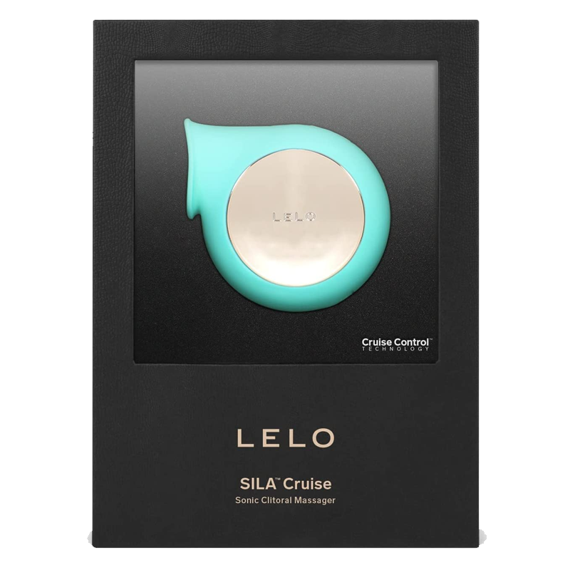 A Lelo Sila Cruise sonic clitoral massager in aqua silicone, packaged in a black box.