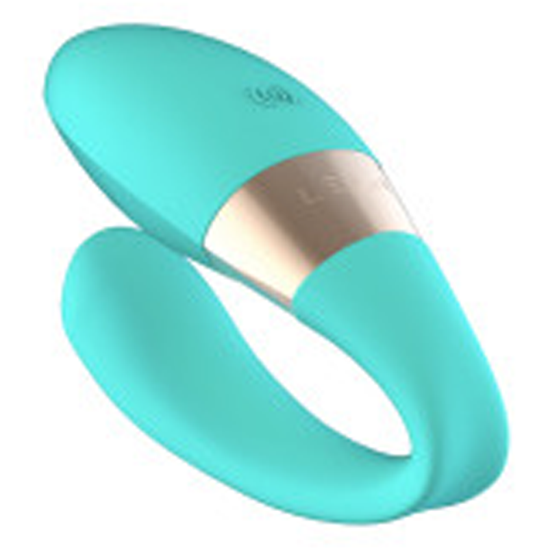Aqua app-controlled dual vibrating massager with gold band.