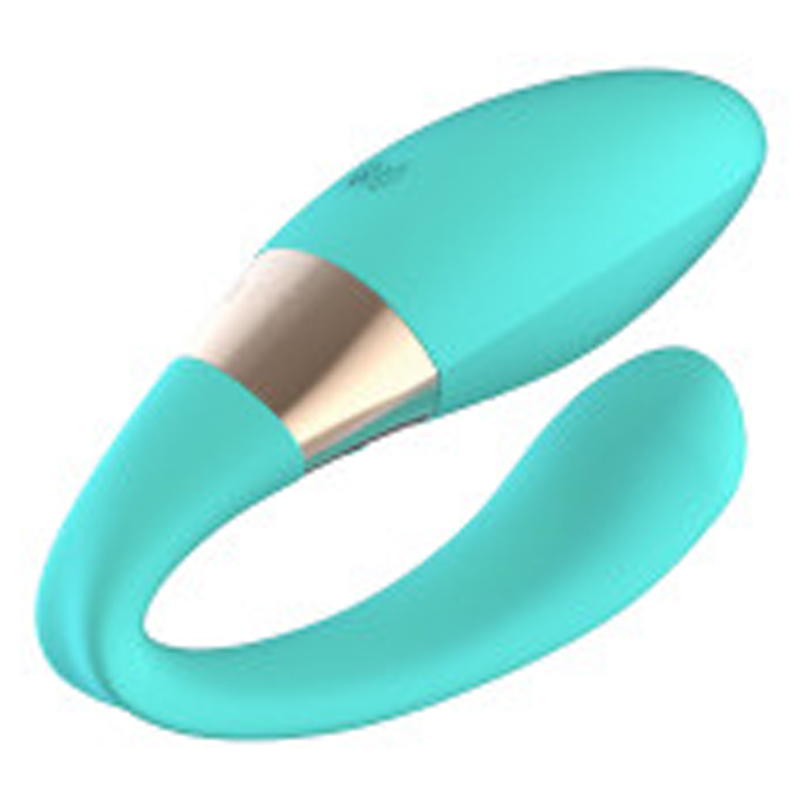 Aqua app-controlled dual vibrating massager with gold accent.