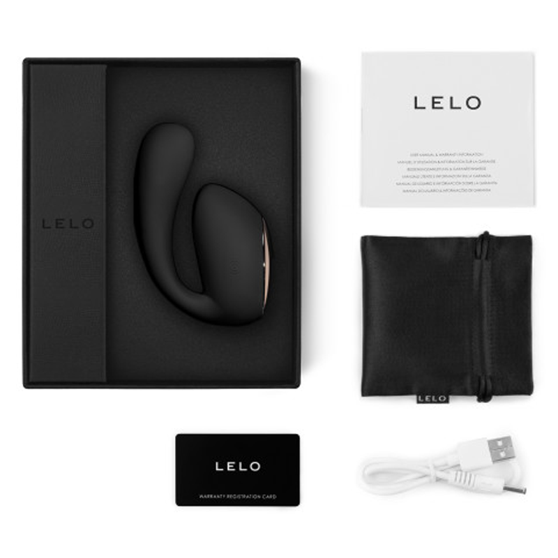 Black Lelo IDA Wave G-spot vibrator with charging cable and manual.