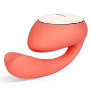Coral red app-controlled G-spot massager with a curved design.