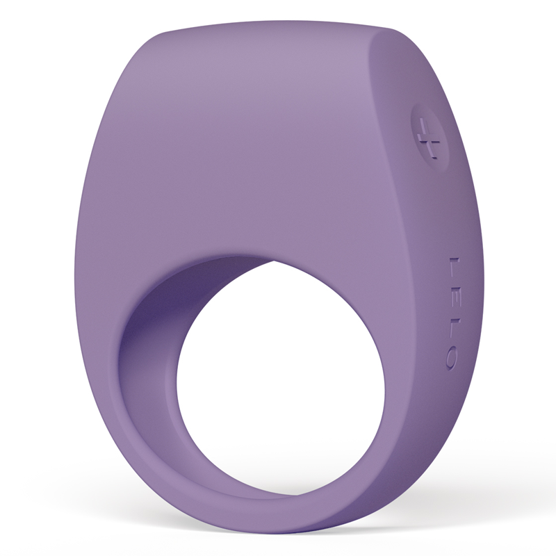 A violet dust LELO TOR 3 vibrating cock ring with a plus symbol.