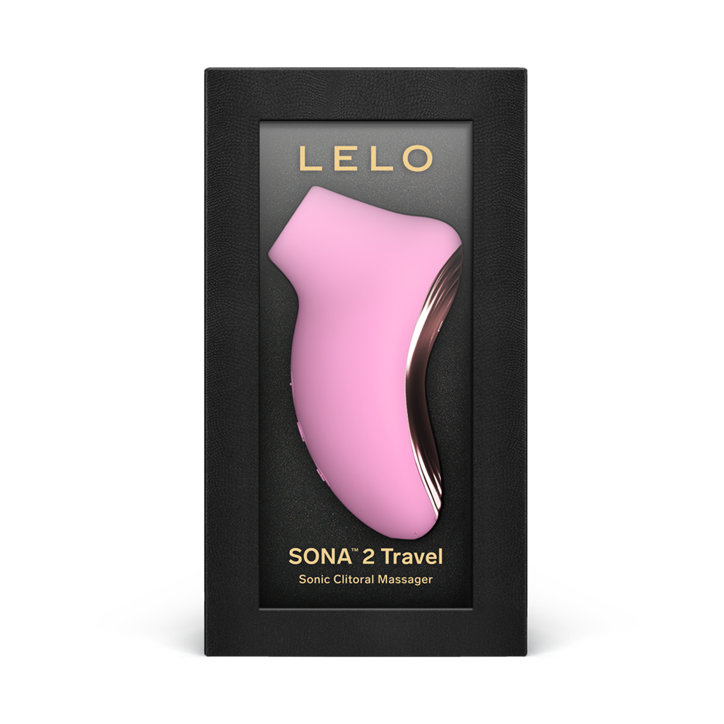 A pink Lelo Sona 2 Travel sonic clitoral massager in a black display box.