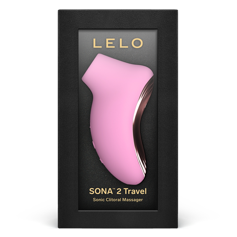 A pink Lelo Sona 2 Travel sonic clitoral massager in a black display box.
