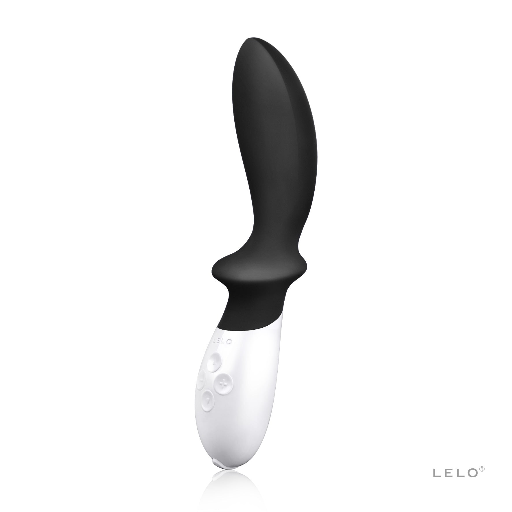 A black and white Lelo Loki prostate massager with control buttons.