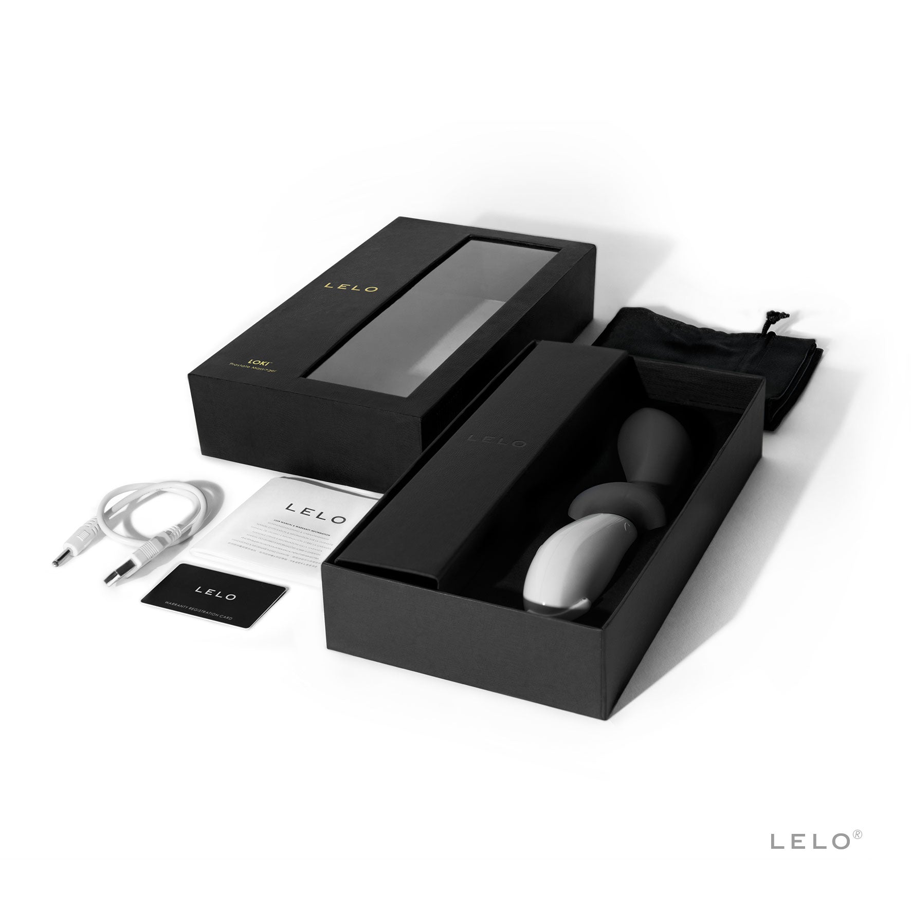 Loki Prostate Massager by Lelo in its original packaging with accessories.