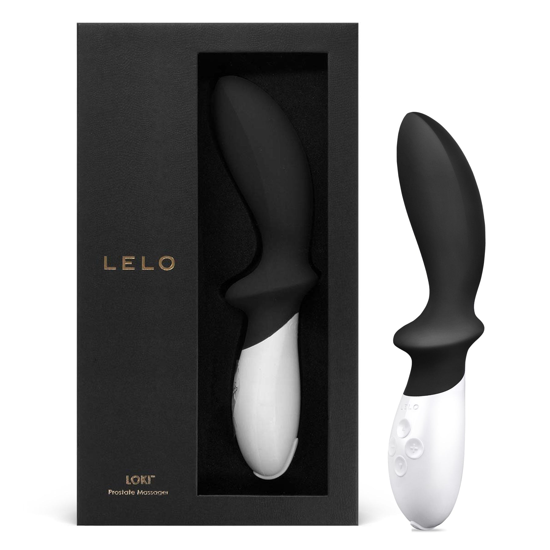 A black and white LELO Loki prostate massager in its black box, with one unit standing beside it.
