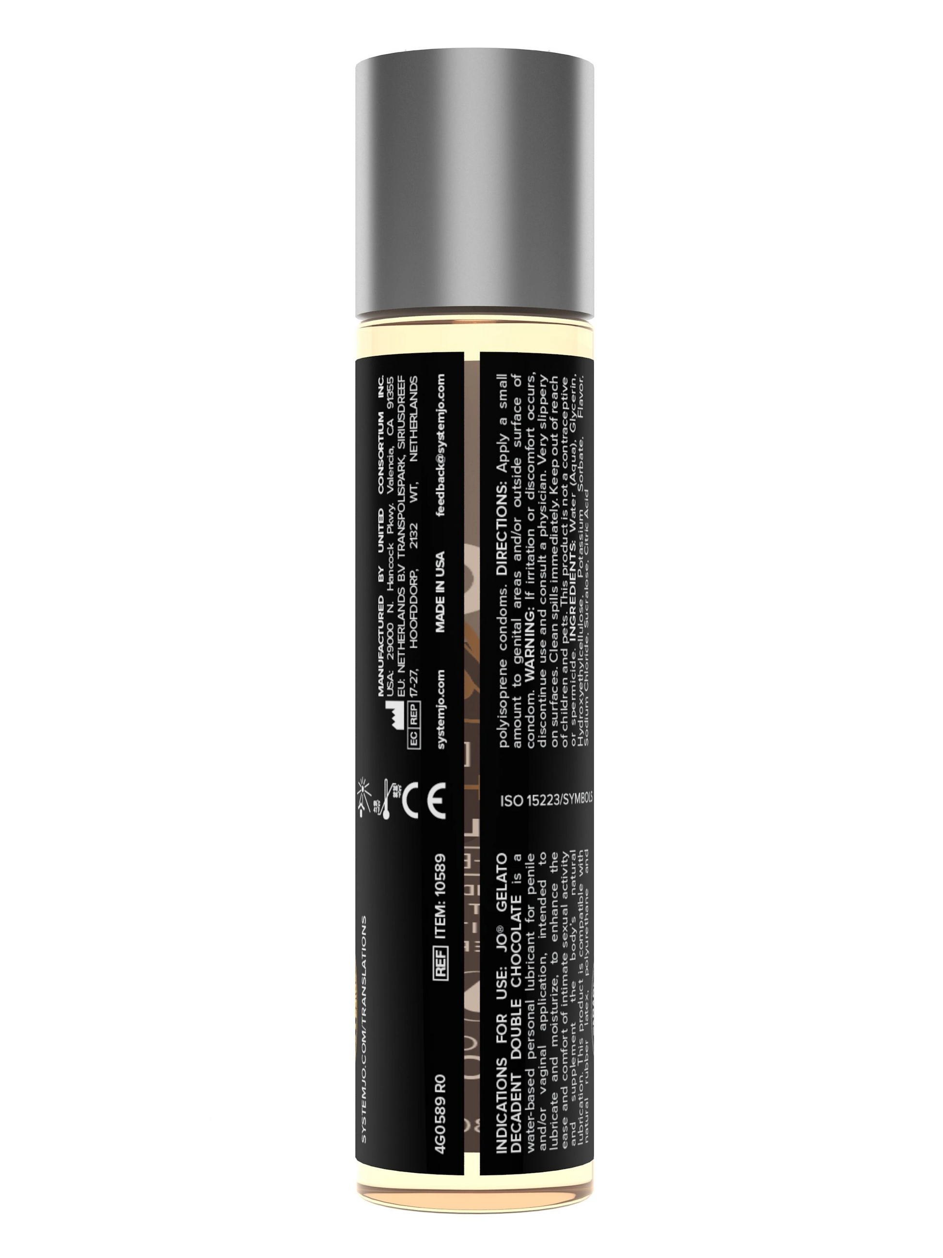 A bottle of JO Gelato Double Chocolate flavored water-based lubricant.