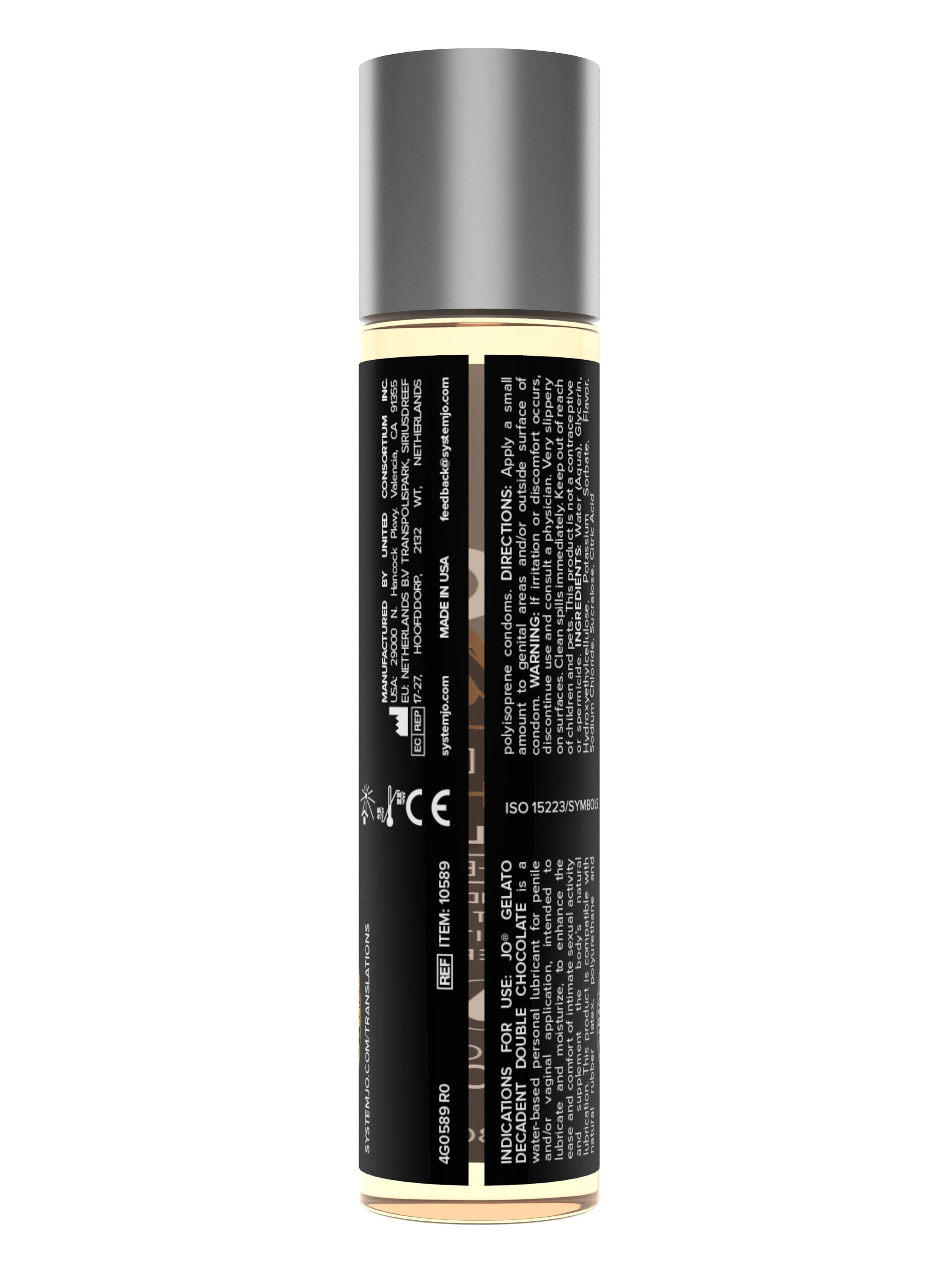 A bottle of JO Gelato Double Chocolate flavored water-based lubricant.