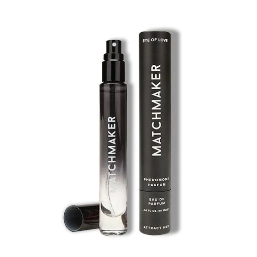 A black bottle of Matchmaker Pheromone Parfum with a black cap.