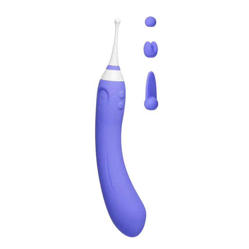 Purple dual-ended G-spot vibrator with interchangeable heads.